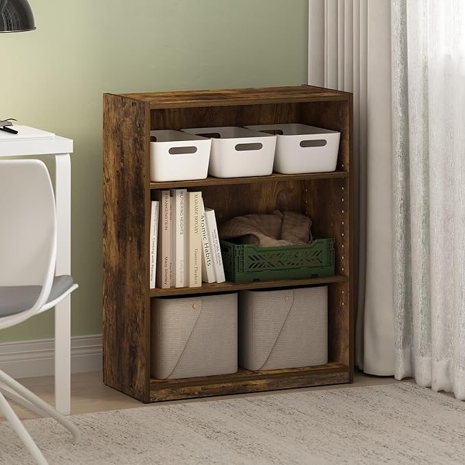 Furinno GEHRY Book Shelf, 3-Tier Bookshelf, Bookcase with Adjustable Shelves, 11.6 x 24.8 x 31.6, for Living Room, Bedroom, Home Office, Amber Pine