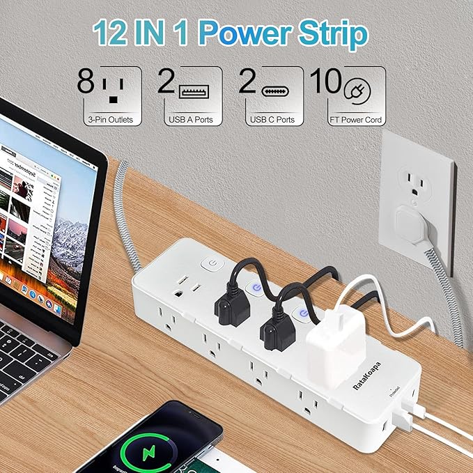 10 Ft Surge Protector Power Strip - 8 Widely AC Outlet 4 USB Ports(2 USB C), Flat Plug Extension Cord with Multiple Outlets, Individual Switches, Desk Extender for Dorm, Home, Office Essentials, 1400J