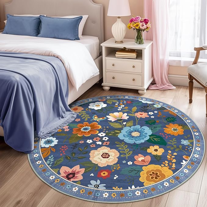 Floral 6ft Area Rug Machine Washable Soft Print Boho Carpet Non Slip Doormat Low Pile Flower Area Rugs for Living Room Bedroom Nursery Kitchen Dining Room Indoor-Blue/Grey