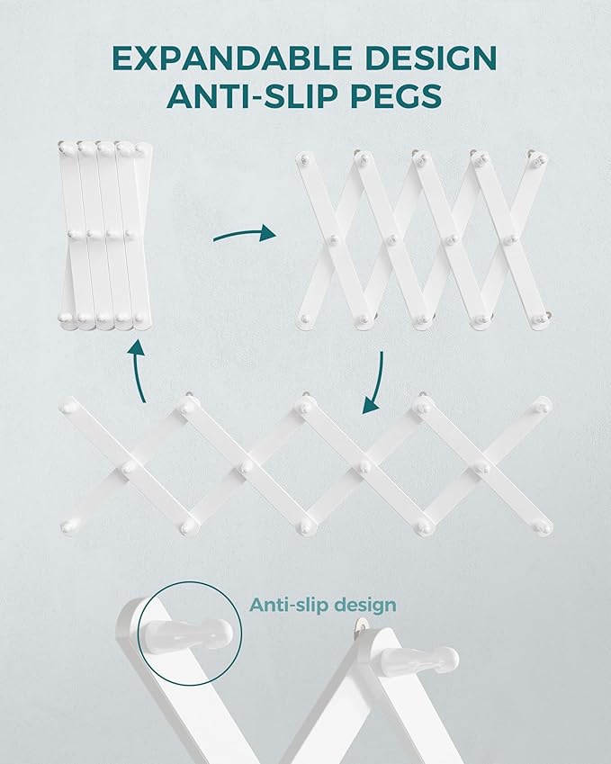 OROPY Wood Accordion Wall Hanger, Expandable Coat Rack Wall Mount with 14 Pegs, Expanding Hat Rack for Wall White