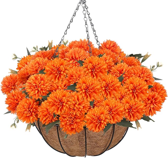 Fall Mums Artificial Flowers Hanging Basket for Outdoor Fall Porch Decor Fake Marigolds 6 Bundle Faux Silk Orange Flower Bouquet Chrysanthemum UV Resistant Realistic Plant for Autumn Table Home Decor