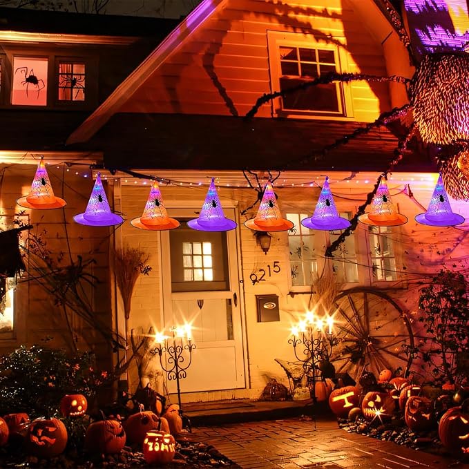 Twinkle Star 8 Pcs Lighted Hanging Witch Hats, Halloween Decorations Lighted Witch Hats with Remote Control String Lights, Battery Powered with 8 Lighting Modes for Garden, Yard, Tree