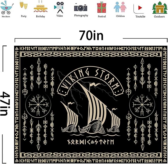 OSUNBD Viking Warship Tapestry Wall Hanging - Small 70x47 inches Storm & Celtic Runes on Soft Flannel Aesthetic Mythology Tapestries Norse Mythology Art for Bedroom, Living Room Decor