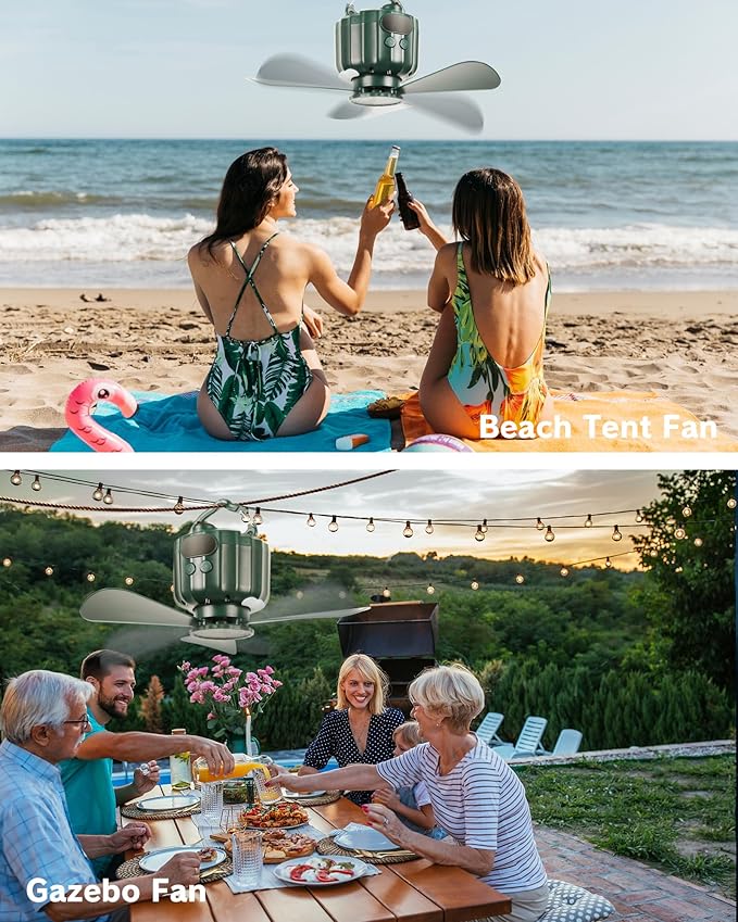 DUKUSEEK Tent Ceiling Fans for Camping Hanging, Portable Tent Fans with Light and Remote Control, Power Bank, USB Battery Operated Camping Fan with Hanging Hook for Outdoor, Car, RV