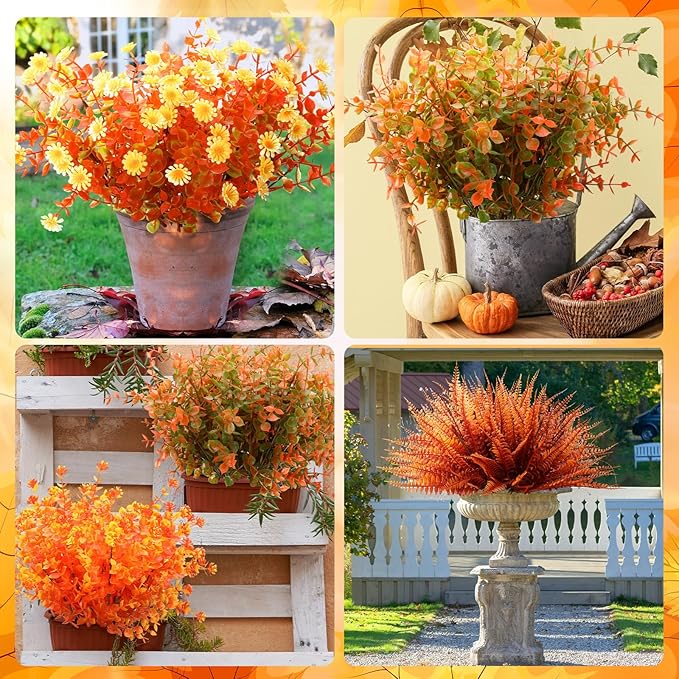 Ceenna 16 Bundles Fall Artificial Flowers for Outdoors Decorations Floral Picks Stem Fake Mums Eucalyptus Maple Leaves Berry for Garden Autumn Thanksgiving Arrangement (15 Inch,Eucalyptus)