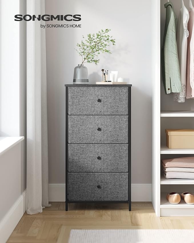 SONGMICS Dresser for Bedroom, Fabric Dresser with 4 Drawers, Metal Frame, Small Chest of Drawers, Gray and Black with Wood Grain ULTS314G22