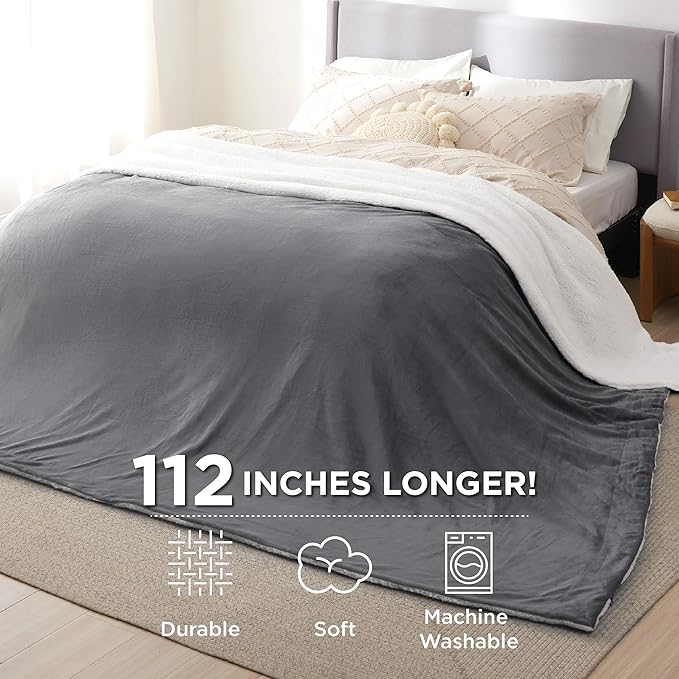 Bedsure GentleSoft Sherpa Fleece Oversized Cal King Blankets for Bed - Thick and Warm, Soft Fuzzy Plush Large Blanket for Winter, Grey, 112x98 Inches