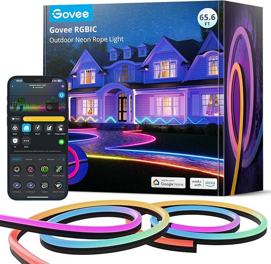Govee Outdoor Neon Rope Lights, 65.6ft RGBIC IP67 Waterproof Outdoor Decorations with 64 Scene Modes, Music Sync, Flexible LED Outdoor Lights, Outdoor Lights Work with Alexa, Google Assistant