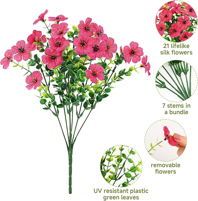 SHareconn 48 Bundles Artificial Flowers for Outdoors, Faux Plants Fake Silk Colorful Daisy Eucalyptus Lavender, UV Resistant for Outside Home Porch Patio Spring Decor, RedRosyPurpleYellowPinkWhite