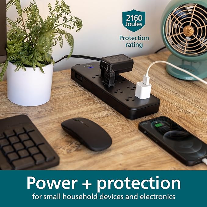 Philips EZFit 8-Outlet Surge Protector Power Strip, 8 Ft Braided Extension Cord, Widely Spaced Outlets, Flat Plug, for Home Office Dorm Essentials, 2160 Joules, Black, SPP3673B/37