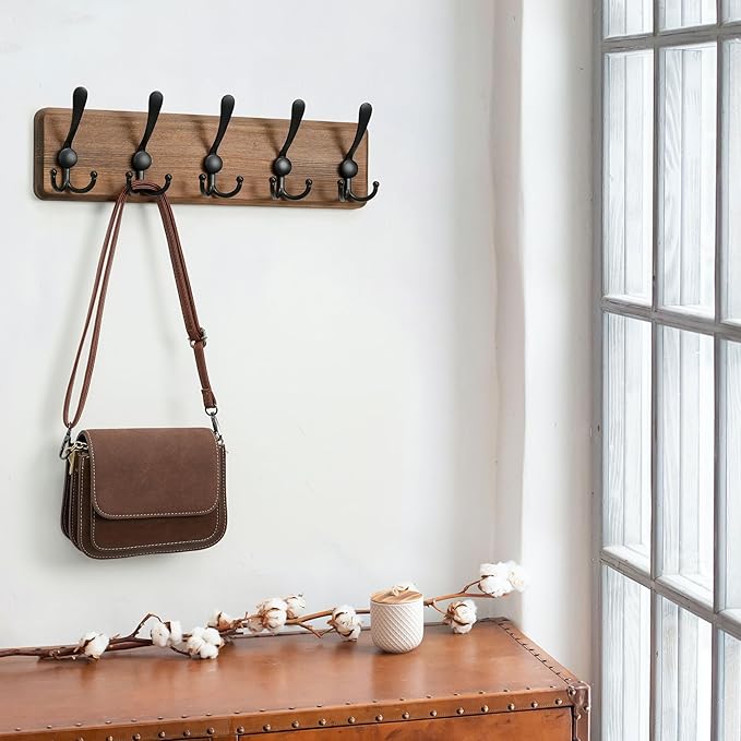 WEBI Rustic Coat Rack Wall Mounted,Wood Coat Hanger Wall,5 Coat Hooks,16" Hole to Hole,Hook Rack Rail,5 Triple Hooks for Hanging Jacket,Clothes,Hats,Entryway,Brown,2 Packs