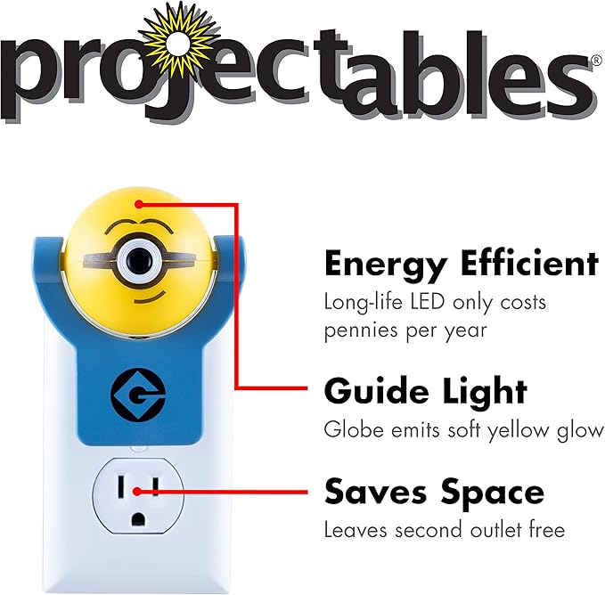 Minions Projectables Plug-in Night Light, Despicable Me, for Kids, Collector’s Edition, Light Sensing, Project Image on Ceiling, Wall, or Floor, 42029 , Yellow