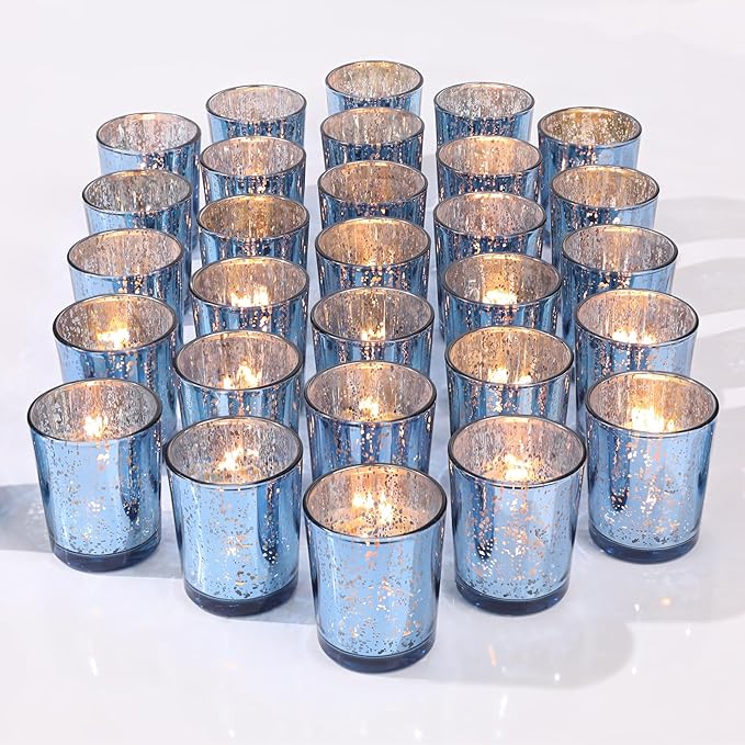 LETINE Blue Votive Candle Holders Set of 36 -Mercury Glass Candle Holders for Wedding & Baby Shower Decor - Ideal for Bridal Shower & Centerpieces for Tables