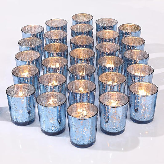 LETINE Blue Votive Candle Holders Set of 36 -Mercury Glass Candle Holders for Wedding & Baby Shower Decor - Ideal for Bridal Shower & Centerpieces for Tables