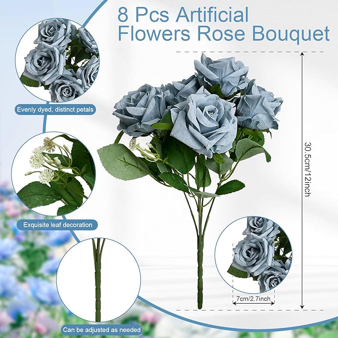 Artificial Roses Bouquets - 8 Bundles Fake Silk Flowers Realistic Faux Florals Bulk for Wedding Bridal Party Baby Shower Event Home Arrangements Centerpieces Decorations (Dusty Blue)