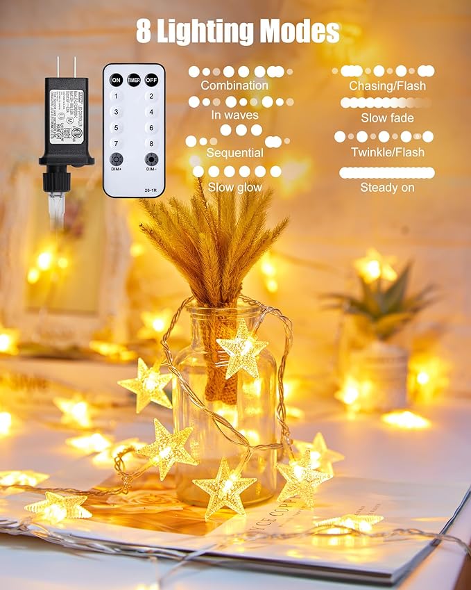 Star String Lights Plug in - 66 ft 200 LED Star Fairy String Lights with Remote and Timer, 8 Modes Waterproof for Bedroom Tent Loft Bed Window Backyard Patio Porch Balcony Party, Warm White