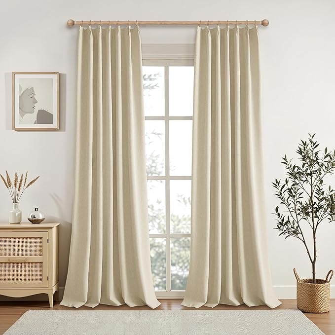 KangBang Pinch Pleat Beige Black Out Curtains 96 Inches Long, Pinch Pleated Drapes for Living Room Office with Hooks Track System, Thermal Insulated Track Curtains 2 PCs(42Wx96L, Natural Beige)