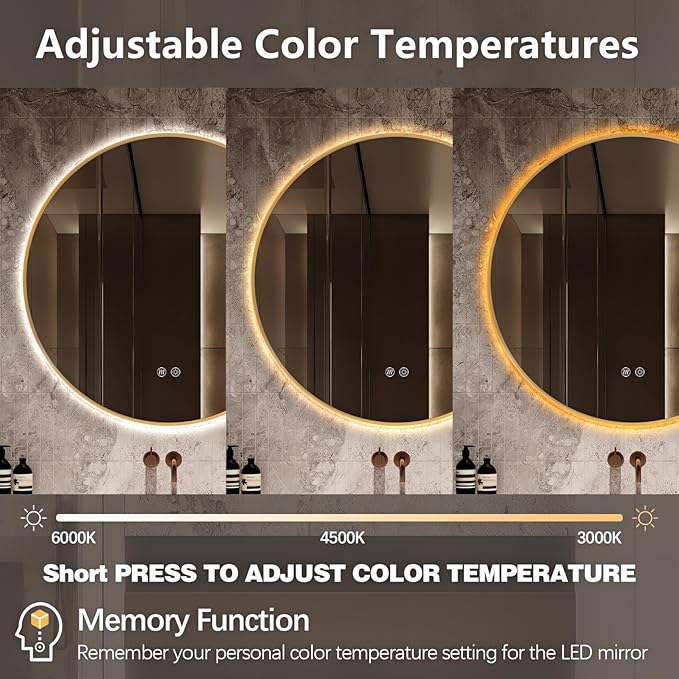 Niccy Round Led Mirror for Bathroom, 30" Backlit Mirror for Wall Circle Lighted Mirror with Gold Frame Anti-Fog, 3 Colors, HD Glass and IP65 Waterproof