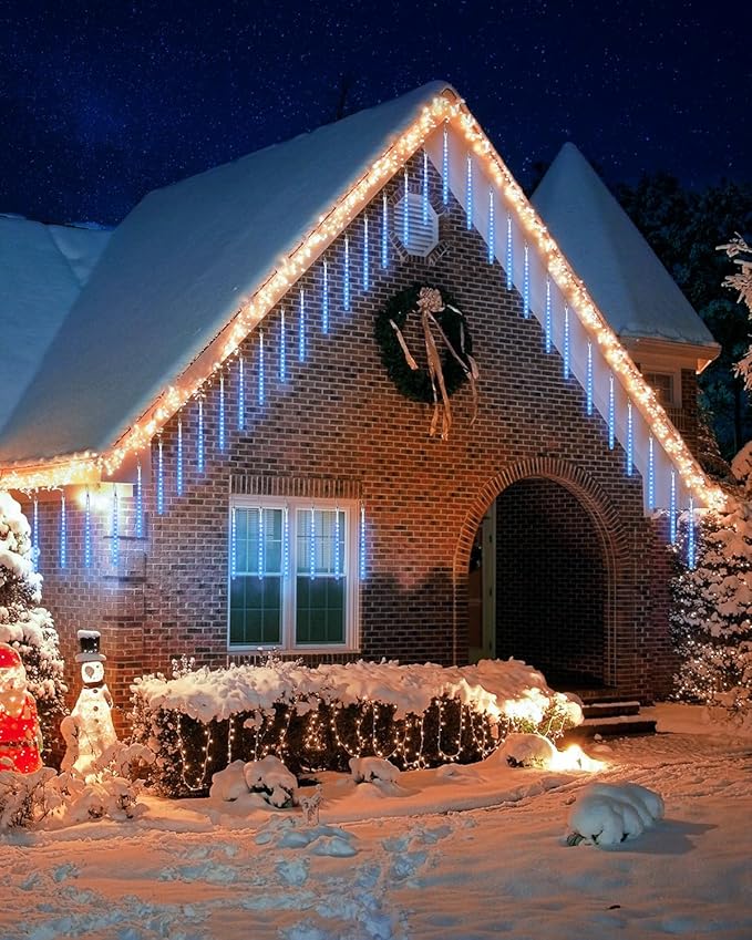 Joomer Christmas Lights Outdoor, 11.8 inch 10 Tubes 240 LED Meteor Shower Lights, LED Snow Falling Icicle Cascading Light with Timer Waterproof and Connectable for Christmas Decoration (Blue)