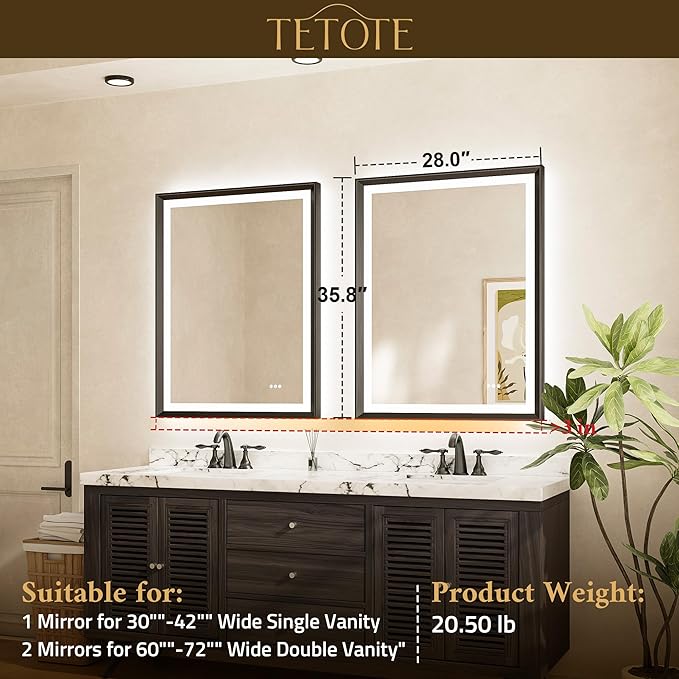 TETOTE 28x36 LED Mirror for Bathroom Black Metal Frame Frontlit & Backlit Lighted Vanity Mirror Baroque Gothic Anti Fog Stepless Dimmable White/Warm/Natural,CRI90+,Waterproof(Horizontal/Vertical)