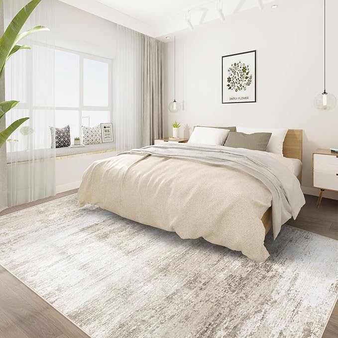 Washable Rug 5x7 Area Rugs for Living Room: Neutral Soft Rug Abstract Non Slip Low Pile Modern Carpet for Bedroom Kitchen Nursery Office Dining Room Indoor (Beige, 5'x7')