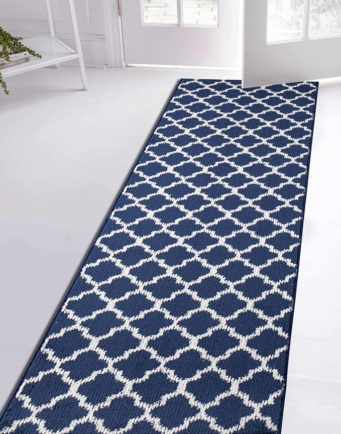 Custom Size Cut to Length Moroccan Trellis Design Runner Rug Mat For Wide Long Hallways with Non-Slip Rubber Backing, Better Traction for Pets, Prevent Slippage, Trellis Navy Blue, 31 inch X 12 feet