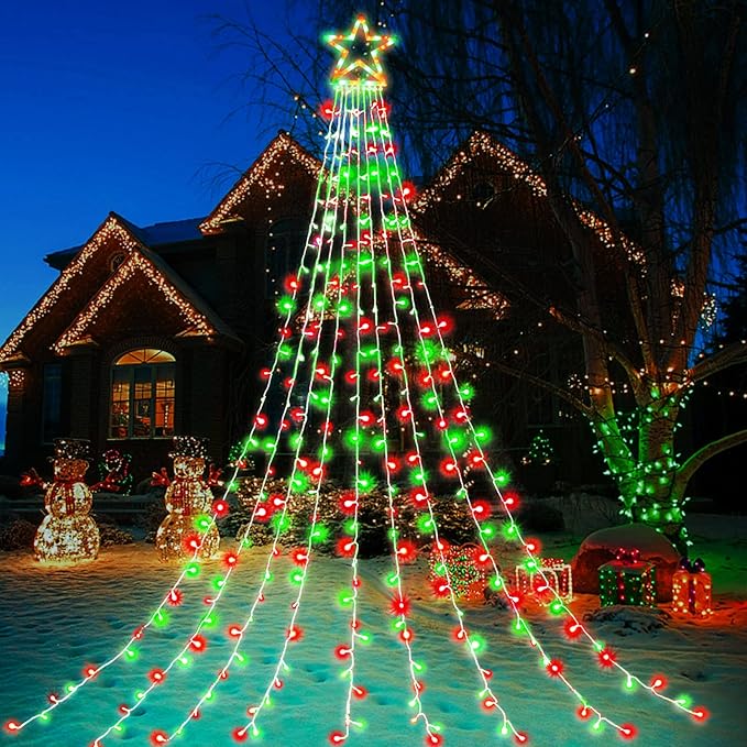 FUNIAO Christmas Decoration Lights - 320 LED Star String Lights Tree Topper with 12" Star for Yard, Garden, Wedding, Party - Red & Green