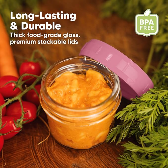 KeaBabies 12pk 4oz Glass Baby Food Containers with Lids - Leak-Proof, Microwavable Small Glass Jars, Baby Purees & Toddler Snack Storage Containers, BPA-Free, Dishwasher & Freezer Safe (Kea)