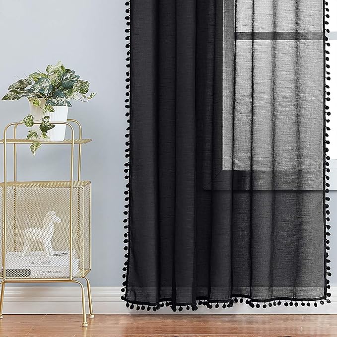 Treatmentex Black Pom Pom Sheer Curtains for Bedroom 63" Linen Texture Decorative Voile Draperies Chic Solid Sheer Curtain Panels for Living Room 52" w 2 Pack