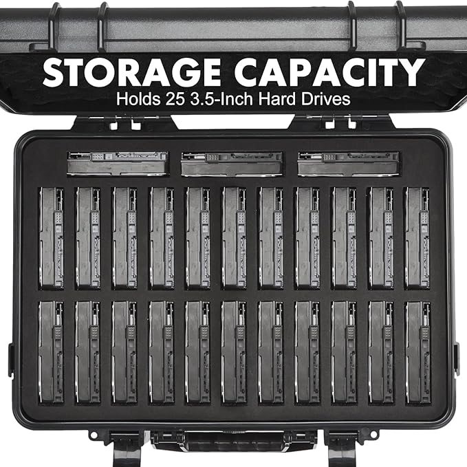 Hard Drive Case Fits 25-Bay Protection 3.5" HDD | High-Density Protective Foam | External Hard Drive Organizer Storage Box Travel Carrying Suitcase with Handle