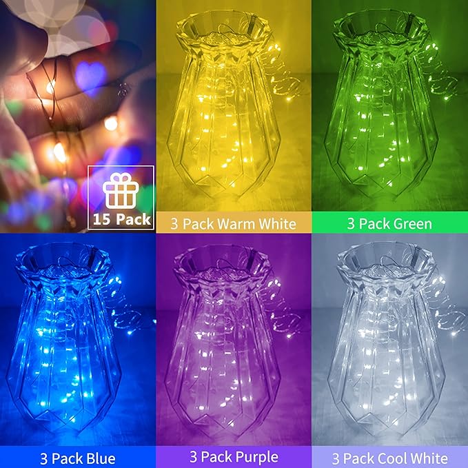 Christmas Fairy String Lights,15 Packs 20 LEDs Battery Operated 6.6FT Silver Copper Wire Starry String Light for DIY Bottle Jars Costume Wedding Party Easter Table Decorations (5 Colors)