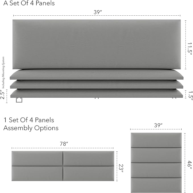 Vänt Upholstered Wall Panels - King/Cal King Size Wall Mounted Headboards - Vintage Leather Light Grey - Twin/King - Set of 4 Panels (Each Individual Panel 39"x11.5")