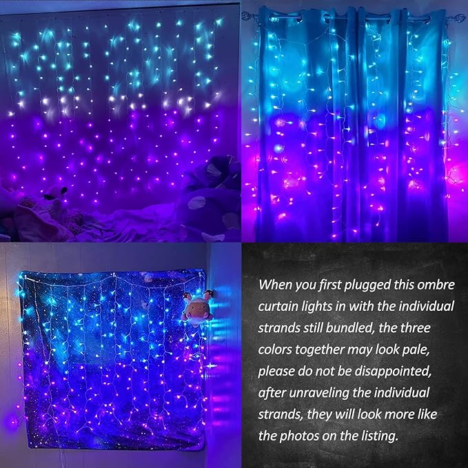 Curtain Lights for Bedroom Waterfall Led Light String PurpleTeal Ombre Hanging Fairy Mermaid Lights for Kids Teen Room Decor Window Ocean Sea Kawaii Christmas Decor Girls Gift (Turquoise & Purple)