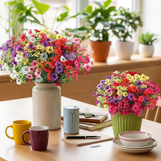 24 Bundles Artificial Flowers for Outdoor Indoor Garden Home Decoration, Look Real for Front Door Porch Patio Yard Balcony, Faux Flower Daisy with Eucalyptus Leaves Fake Plants, 4 Colors