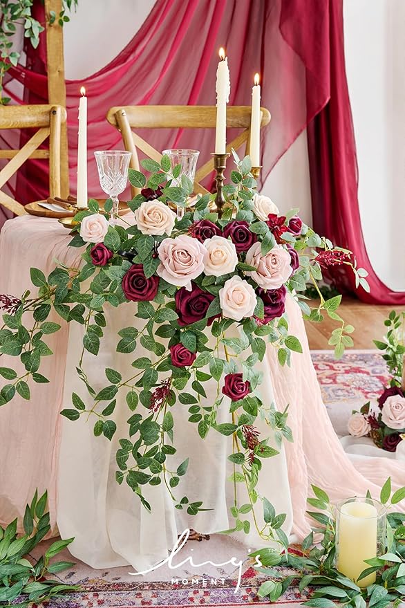 Ling's moment 2PCS Artificial Floral Swags Centerpieces Burgundy Wedding Flower Greenery Arrangements for Sweetheart/Head Table Decor Wedding Car Wall Window Arch Home Garden Decor Blush Marsala