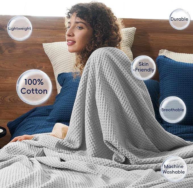 PHF 100% Cotton Waffle Weave Throw Blanket，Pre-Washed Snag Proof Lightweight Breathable Moisture-Wicking for Layering in Cold Weather for Couch Bed,Machine Washable,Home Decor Gift-Light Grey