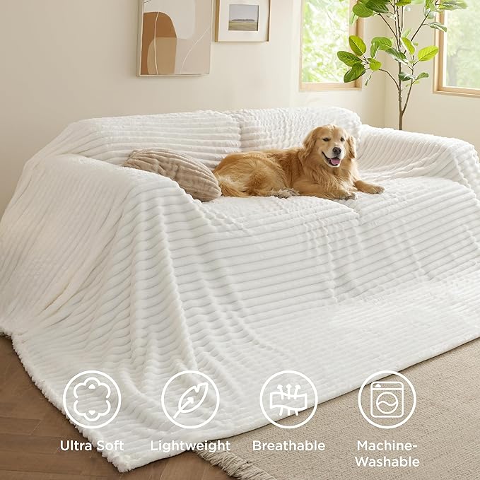 Bedsure GentleSoft Large Fleece Blanket for Bed - Cozy Soft Throw Blankets for Women, Cute Large Throws for Girls, Off White, 120x120 Inches