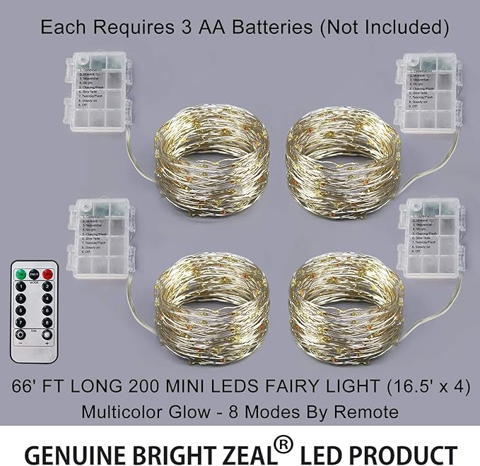 Bright Zeal 66 Ft 200 LED 8 Mode Multi Colored Christmas Fairy Lights Battery Operated with Remote Control Christmas Lights Outdoor Multicolor Waterproof -Twinkle LED String Lights Colorful