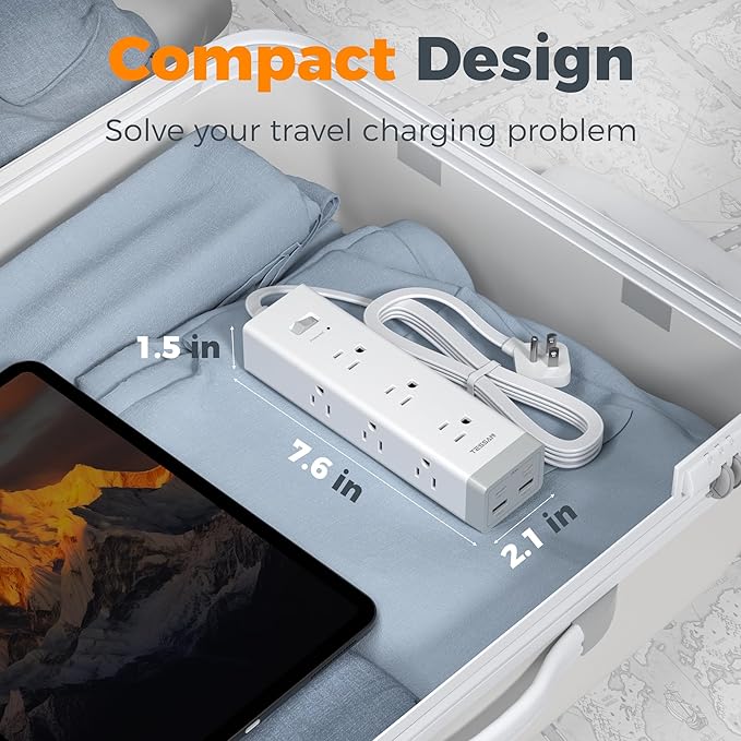 TESSAN Surge Protector Power Strip PD 20W, Ultra Thin Flat Plug 6 FT Extension Cord, 9 Outlets 4 USB(2 USB C), 1050J Protection Multiple Outlets Charging Station for Home, Office, College Dorm Room