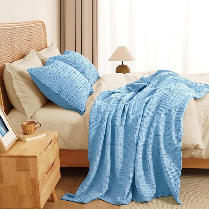 PHF 100% Cotton Waffle Weave Throw Blanket, Soft Lightweight Breathable Cozy Throws for Couch Bed Sofa, Luxury Aesthetic Woven Blanket for Home Decor & Office, 50"x60", Sky Blue