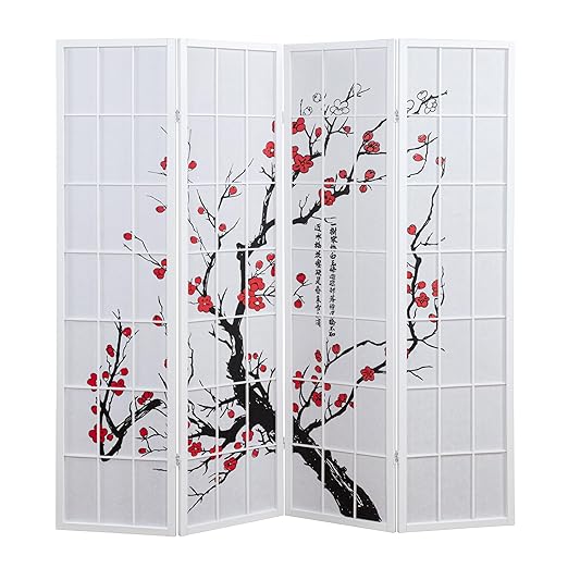 Roundhill Furniture White Japanese 4-Panel Screen Room Divider, Plum Blossom