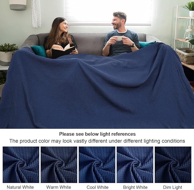 PHF 100% Cotton Waffle Weave Family Blanket,Oversized King Size 120"x 120"-Pre-Washed Snag Proof Lightweight Breathable, 10'x 10' Huge Extra Large Big,Home Decoration Gift-Navy Blue/Bright Blue