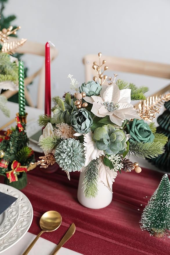 Christmas Artificial Flowers Greenery Combo Box Set Silk Flowers Fake Rose for DIY Christmas Red Theme Decoration Tree Ornaments, Xmas Wreath Floral Arrangements Party