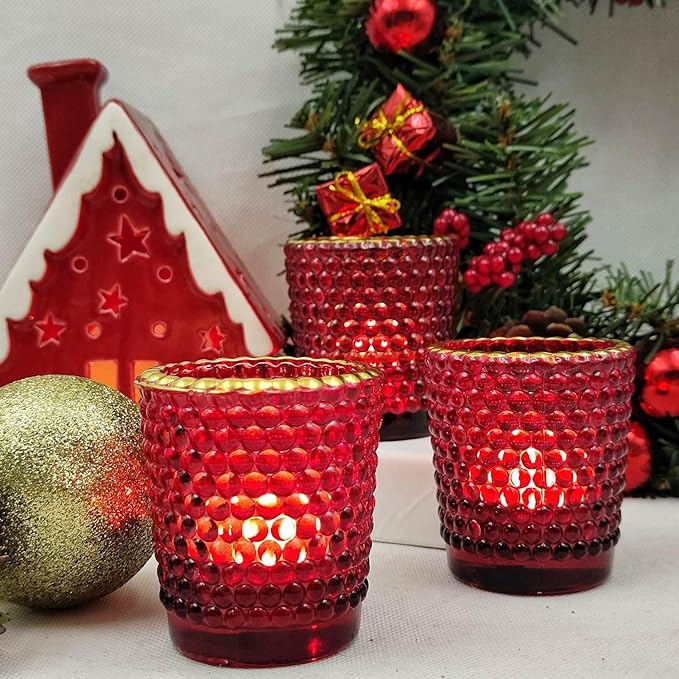 WOHO 24pc Red Votive Candle Holders for Table Centerpiece, Tealight Candle Holder Bulk with Gold Rim, Glass Tea Lights Candle Holder for Christmas, Valentine’s Day Decor