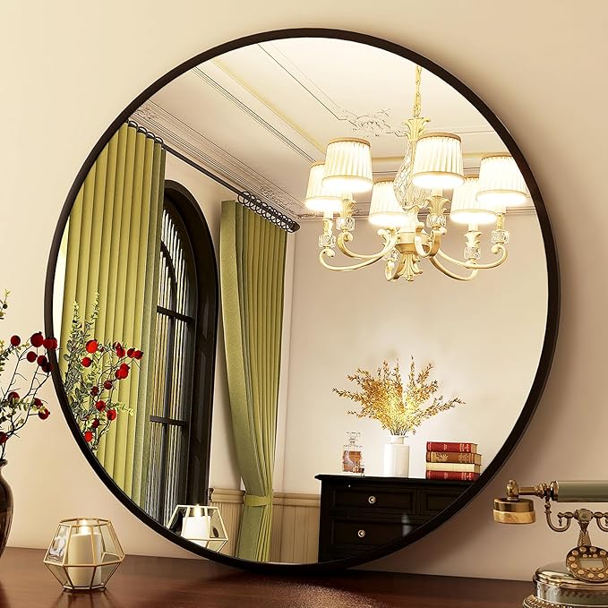 HARRITPURE Round Mirror 18 Black Wall Mounted Circle Mirrors Vanity Mirror with Brushed Aluminum Alloy Frame Modern Decoration for Bathroom, Living Room, Vanity, Bedroom, Entryway