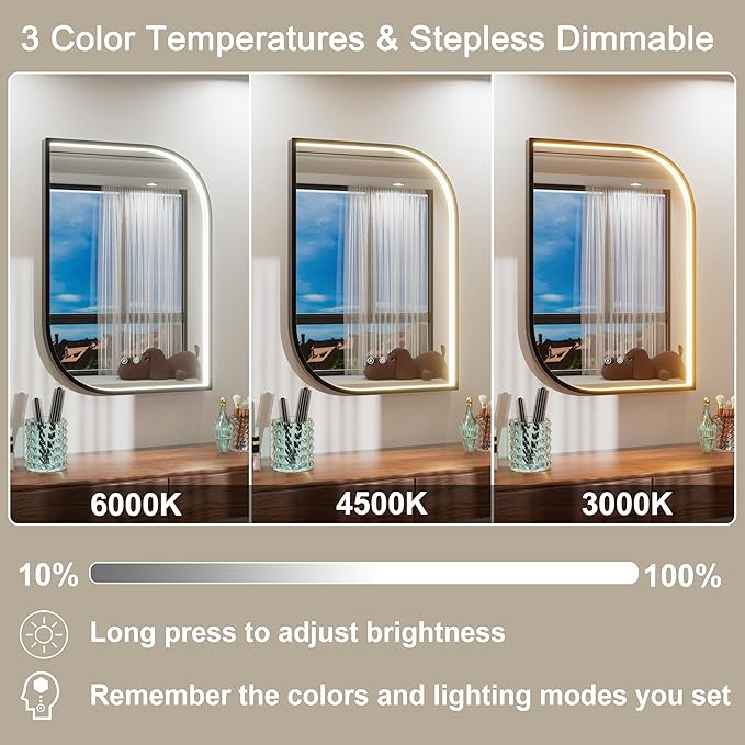 22x32 Inch LED Mirror for Bathroom, Adjustable 3000K/4500K/6000K, Irregular Black Frame Lighted Bathroom Vanity Mirror with Lights, Anti-Fog, Stepless Dimmable, Wall Mounted