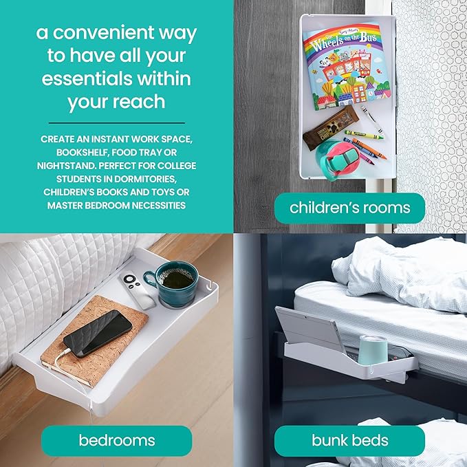 Modern Innovations 2 Count Bedside Organizer for Bed – Clip On Tray with Cup & Cord Holder – for College Dorm, Top Bunk, or Kids Bedroom (White)