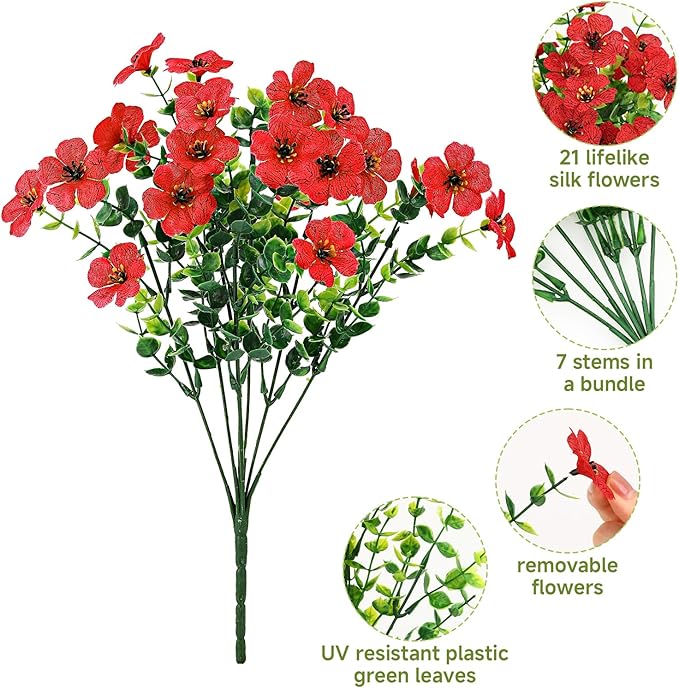 SHareconn 36 Bundles Artificial Flowers for Outdoors Decoration, Faux Plants Fake Silk Colorful Daisy Eucalyptus Lavender, UV Resistant for Outside Home Porch Patio Spring Decor, RedRosyPurpleYellow