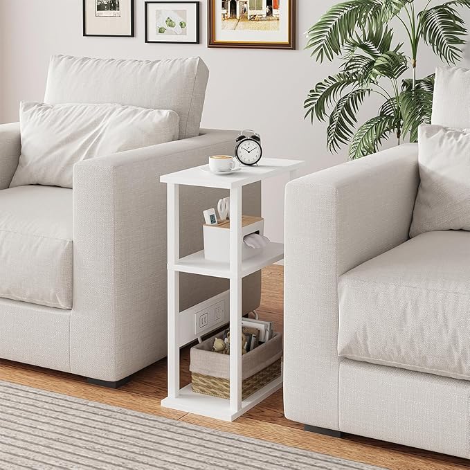 VIMBER Narrow Side Table with Charging Station, 2 Set Skinny End Table for Small Spaces, Sofa Beside Tables with Storage Shelf, Slim Nightstand with USB Ports Outlet, Couch Table White UTBT003W2