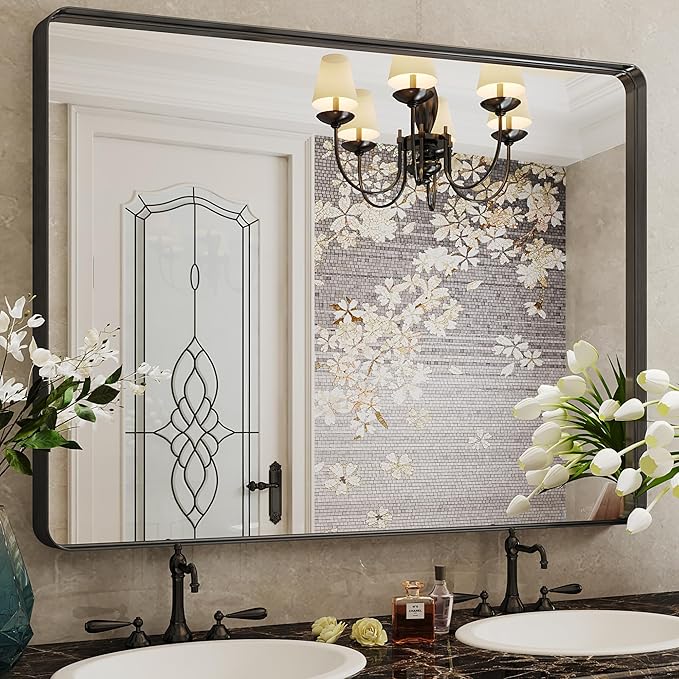 Suidia Bathroom Mirror, 30" x 40" Wall Mirror Metal Framed, Bathroom Vanity Mirror for Living Room Bedroom Bathroom Entryway, Black, Rounded Corner Style